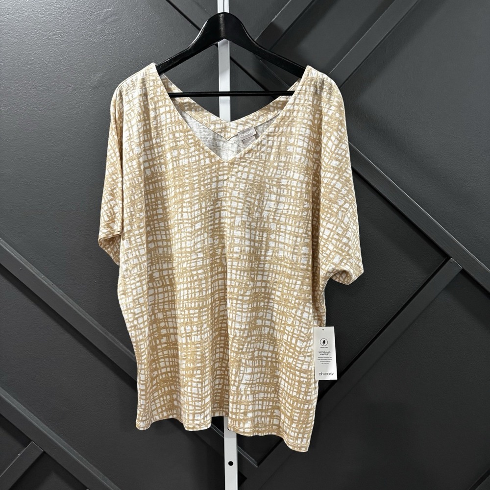 Chico's Linen Hatch V Neck Tee Gold White Print Womens Size 4 XXL NWT